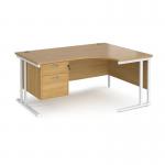 Maestro 25 right hand ergonomic desk 1600mm wide with 2 drawer pedestal - white cantilever leg frame, oak top MC16ERP2WHO