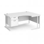 Maestro 25 right hand ergonomic desk 1600mm wide with 2 drawer pedestal - white cantilever leg frame, white top MC16ERP2WHWH