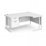 Maestro 25 right hand ergonomic desk 1600mm wide with 2 drawer pedestal - white cantilever leg frame, white top MC16ERP2WHWH