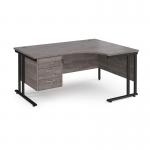 Maestro 25 right hand ergonomic desk 1600mm wide with 3 drawer pedestal - black cantilever leg frame, grey oak top MC16ERP3KGO