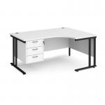 Maestro 25 right hand ergonomic desk 1600mm wide with 3 drawer pedestal - black cantilever leg frame, white top MC16ERP3KWH