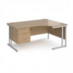 Maestro 25 right hand ergonomic desk 1600mm wide with 3 drawer pedestal - silver cantilever leg frame, Kendal oak top MC16ERP3SKO