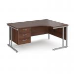 Maestro 25 right hand ergonomic desk 1600mm wide with 3 drawer pedestal - silver cantilever leg frame, walnut top MC16ERP3SW