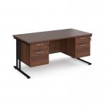 Maestro 25 straight desk 1600mm x 800mm with two x 2 drawer pedestals - black cantilever leg frame, walnut top MC16P22KW