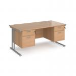 Maestro 25 straight desk 1600mm x 800mm with two x 2 drawer pedestals - silver cantilever leg frame, beech top MC16P22SB