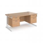 Maestro 25 straight desk 1600mm x 800mm with two x 2 drawer pedestals - white cantilever leg frame, beech top MC16P22WHB