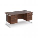 Maestro 25 straight desk 1600mm x 800mm with two x 2 drawer pedestals - white cantilever leg frame, walnut top MC16P22WHW