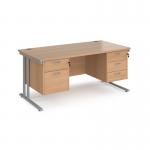 Maestro 25 straight desk 1600mm x 800mm with 2 and 3 drawer pedestals - silver cantilever leg frame, beech top MC16P23SB