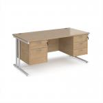 Maestro 25 straight desk 1600mm x 800mm with 2 and 3 drawer pedestals - white cantilever leg frame, Kendal oak top MC16P23WHKO