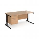 Maestro 25 straight desk 1600mm x 800mm with 2 drawer pedestal - black cantilever leg frame, beech top MC16P2KB