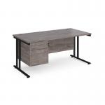 Maestro 25 straight desk 1600mm x 800mm with 2 drawer pedestal - black cantilever leg frame, grey oak top MC16P2KGO