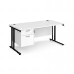 Maestro 25 straight desk 1600mm x 800mm with 2 drawer pedestal - black cantilever leg frame, white top MC16P2KWH