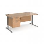 Maestro 25 straight desk 1600mm x 800mm with 2 drawer pedestal - silver cantilever leg frame and beech top