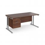Maestro 25 straight desk 1600mm x 800mm with 2 drawer pedestal - silver cantilever leg frame, walnut top MC16P2SW