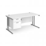 Maestro 25 straight desk 1600mm x 800mm with 2 drawer pedestal - silver cantilever leg frame, white top MC16P2SWH