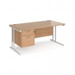 Maestro 25 straight desk 1600mm x 800mm with 2 drawer pedestal - white cantilever leg frame, beech top MC16P2WHB