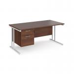 Maestro 25 straight desk 1600mm x 800mm with 2 drawer pedestal - white cantilever leg frame, walnut top MC16P2WHW