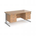 Maestro 25 straight desk 1600mm x 800mm with two x 3 drawer pedestals - silver cantilever leg frame, beech top MC16P33SB