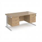 Maestro 25 straight desk 1600mm x 800mm with two x 3 drawer pedestals - white cantilever leg frame, Kendal oak top MC16P33WHKO