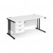 Maestro 25 straight desk 1600mm x 800mm with 3 drawer pedestal - black cantilever leg frame, white top MC16P3KWH