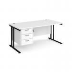 Maestro 25 straight desk 1600mm x 800mm with 3 drawer pedestal - black cantilever leg frame, white top MC16P3KWH