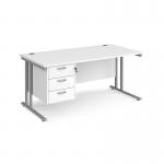 Maestro 25 straight desk 1600mm x 800mm with 3 drawer pedestal - silver cantilever leg frame, white top MC16P3SWH