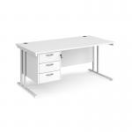 Maestro 25 straight desk 1600mm x 800mm with 3 drawer pedestal - white cantilever leg frame, white top MC16P3WHWH