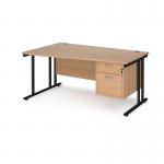 Maestro 25 left hand wave desk 1600mm wide with 2 drawer pedestal - black cantilever leg frame, beech top MC16WLP2KB