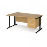 Maestro 25 left hand wave desk 1600mm wide with 2 drawer pedestal - black cantilever leg frame, oak top MC16WLP2KO