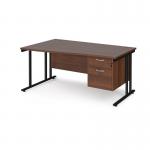 Maestro 25 left hand wave desk 1600mm wide with 2 drawer pedestal - black cantilever leg frame, walnut top MC16WLP2KW