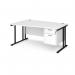 Maestro 25 left hand wave desk 1600mm wide with 2 drawer pedestal - black cantilever leg frame, white top MC16WLP2KWH