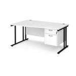 Maestro 25 left hand wave desk 1600mm wide with 2 drawer pedestal - black cantilever leg frame, white top MC16WLP2KWH