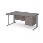 Maestro 25 left hand wave desk 1600mm wide with 2 drawer pedestal - silver cantilever leg frame, grey oak top MC16WLP2SGO