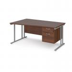 Maestro 25 left hand wave desk 1600mm wide with 2 drawer pedestal - silver cantilever leg frame, walnut top MC16WLP2SW