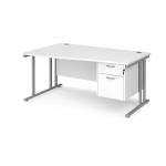 Maestro 25 left hand wave desk 1600mm wide with 2 drawer pedestal - silver cantilever leg frame, white top MC16WLP2SWH