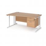 Maestro 25 left hand wave desk 1600mm wide with 2 drawer pedestal - white cantilever leg frame, beech top MC16WLP2WHB