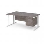 Maestro 25 left hand wave desk 1600mm wide with 2 drawer pedestal - white cantilever leg frame, grey oak top MC16WLP2WHGO