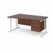 Maestro 25 left hand wave desk 1600mm wide with 2 drawer pedestal - white cantilever leg frame, walnut top MC16WLP2WHW