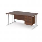 Maestro 25 left hand wave desk 1600mm wide with 2 drawer pedestal - white cantilever leg frame, walnut top MC16WLP2WHW