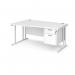 Maestro 25 left hand wave desk 1600mm wide with 2 drawer pedestal - white cantilever leg frame, white top MC16WLP2WHWH