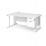 Maestro 25 left hand wave desk 1600mm wide with 2 drawer pedestal - white cantilever leg frame, white top MC16WLP2WHWH