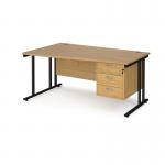 Maestro 25 left hand wave desk 1600mm wide with 3 drawer pedestal - black cantilever leg frame, oak top MC16WLP3KO