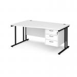 Maestro 25 left hand wave desk 1600mm wide with 3 drawer pedestal - black cantilever leg frame, white top MC16WLP3KWH