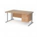 Maestro 25 left hand wave desk 1600mm wide with 3 drawer pedestal - silver cantilever leg frame, beech top MC16WLP3SB