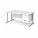 Maestro 25 left hand wave desk 1600mm wide with 3 drawer pedestal - silver cantilever leg frame, white top MC16WLP3SWH