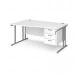 Maestro 25 left hand wave desk 1600mm wide with 3 drawer pedestal - silver cantilever leg frame, white top MC16WLP3SWH