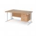 Maestro 25 left hand wave desk 1600mm wide with 3 drawer pedestal - white cantilever leg frame, beech top MC16WLP3WHB