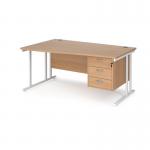 Maestro 25 left hand wave desk 1600mm wide with 3 drawer pedestal - white cantilever leg frame, beech top MC16WLP3WHB