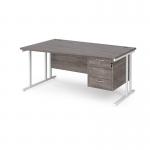 Maestro 25 left hand wave desk 1600mm wide with 3 drawer pedestal - white cantilever leg frame, grey oak top MC16WLP3WHGO