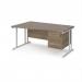 Maestro 25 left hand wave desk 1600mm wide with 3 drawer pedestal - white cantilever leg frame, Nebraska oak top MC16WLP3WHNO